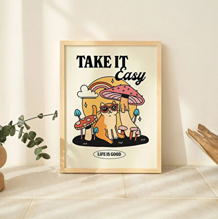ÇERÇEVELİ Rahat Kedi Mantar Baskısı, Rahatla Sözü Posteri, Nötr Retro Şık Sanat, Trend Y2K