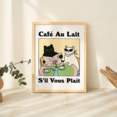 ÇERÇEVELİ Fransız Cafe Au Lait Kedi Baskısı, Retro İçecek Posteri, Bistro Kahve Posterleri, Mutfak Dekoru