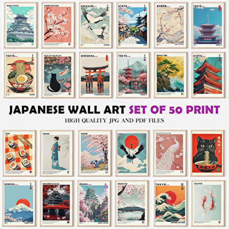 50'li Japon Duvar Sanatı Seti, Japandi Duvar Sanatı, Japon Sanatı, Japandi Sanatı