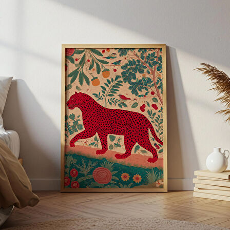 Kırmızı Leopar Halk Sanatı: Vintage Orman Hayvanı Posteri ( )