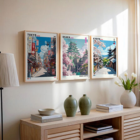 3'lü Japon Duvar Sanatı Seti, Tokyo Kyoto Osaka Posteri, Japandi Duvar Sanatı