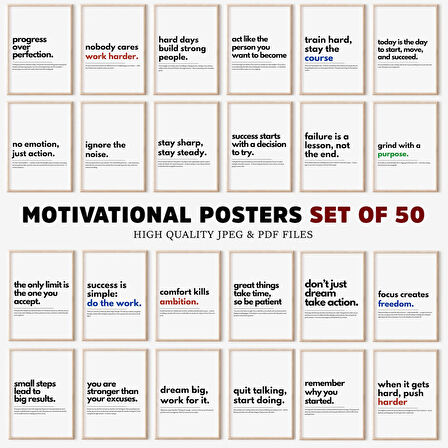 50 Baskıdan Oluşan Motivasyonel Posterler Seti, Tipografi Posteri, İlham Verici Duvar Sanatı, Ev Ofis Duvar Sanatı