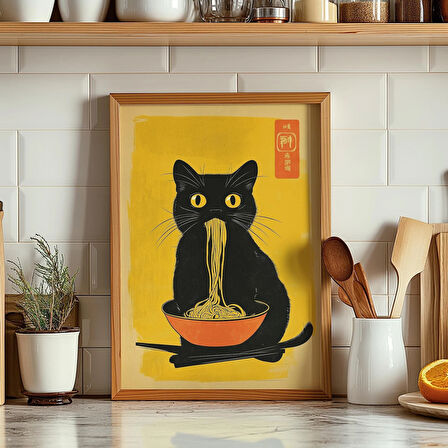 İlginç Kedi Ramen Yeme Duvar Sanatı, Japon Mutfağı Duvar Sanatı, Erişte Severlere Hediye