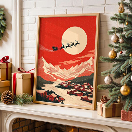Vintage Noel Baba Kızak Duvar Sanatı, Retro Ren Geyiği Posteri