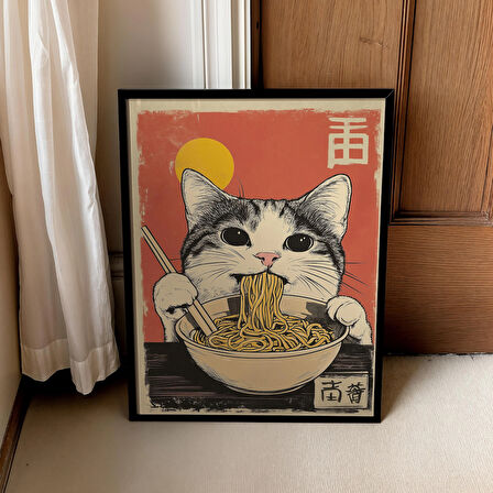 Ramen Yiyen Eski Kedi, Japon Duvar Sanatı, Erişte Severlere Hediye, Japon Mutfak Dekoru