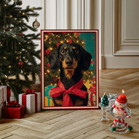 Sevimli Köpek Noel Duvar Sanatı, Kırmızı Fiyonklu Şenlikli Tatil