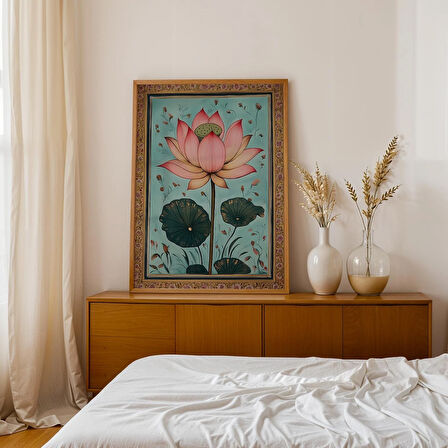 Hint Duvar Sanatı Lotus Sanatı, Pembe Lotus Çiçeği Mavi Arka Plan, Hint Sanatı