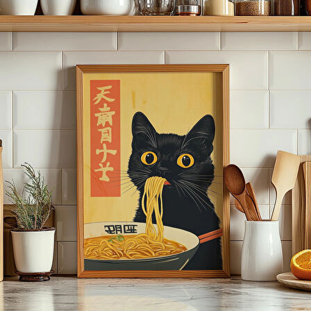 Sevimli Siyah Kedi Ramen Yiyor Duvar Sanatı, Japon Mutfağı Duvar Sanatı, Erişte Severlere Hediye