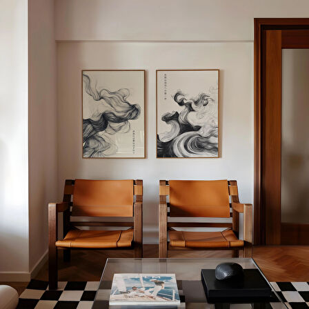 Japon Motivasyon Sözleri 2'li Set, Siyah Beyaz Dalga Japon Poster