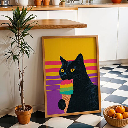Komik Siyah Kedi Dondurma Posteri: Renkli Mutfak Sanatı ( )
