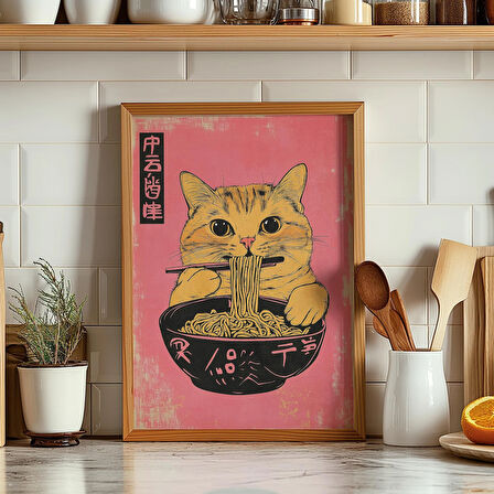 Ramen Yiyen Kedi Duvar Sanatı, Retro Japon Mutfağı Duvar Sanatı, Erişte Severlere Hediye