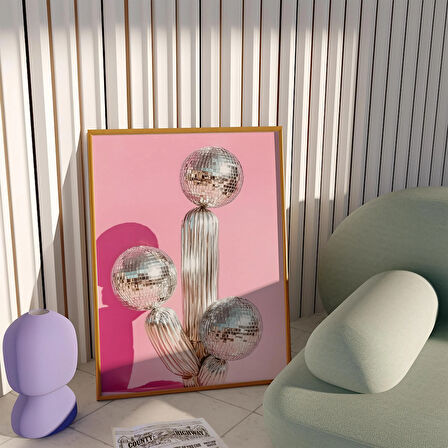 Pembe Disko Topu Kaktüsü Duvar Sanatı, Disko Topu, Trend Duvar Sanatı, Y2K Oda Dekoru