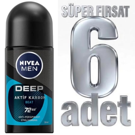 Nivea Deep Aktif Karbon Beat 72 Saat Erkek Roll-On Deodorant 6 x 50 ML