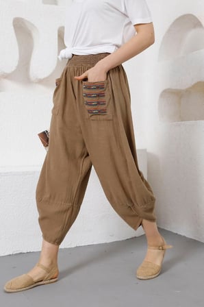 Kadın etnik nakışlı cepli keten pantolon