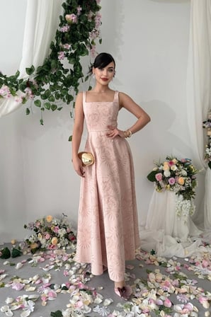 Nils Boutique Abiye Elbise Pembe Midi Kare Yaka Jakarlı Kloş Kadın L Beden Astarlı Yazlık