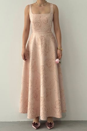Nils Boutique Abiye Elbise Pembe Midi Kare Yaka Jakarlı Kloş Kadın L Beden Astarlı Yazlık