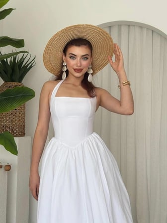 Nils Boutique Günlük Elbise Beyaz Poplin Midi Kolsuz Yazlık Bağlamalı Yaka