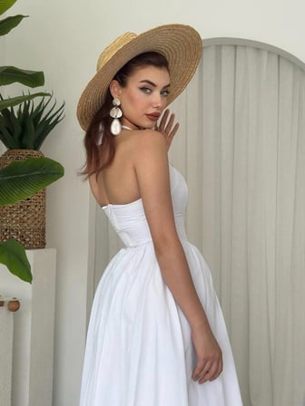Nils Boutique Günlük Elbise Beyaz Poplin Midi Kolsuz Yazlık Bağlamalı Yaka