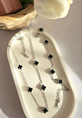 Çelik Kolye Seti - Yonca Kolye Ve Bileklik Seti - Paslanmaz Çelik