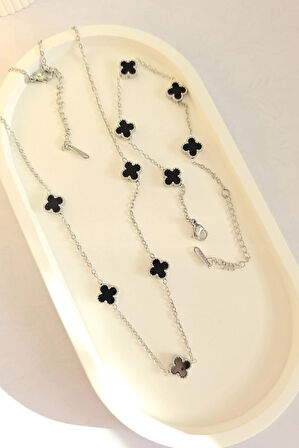 Çelik Kolye Seti - Yonca Kolye Ve Bileklik Seti - Paslanmaz Çelik