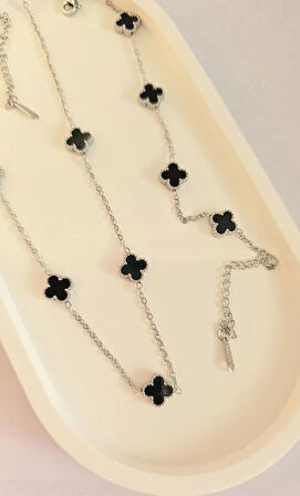 Çelik Kolye Seti - Yonca Kolye Ve Bileklik Seti - Paslanmaz Çelik