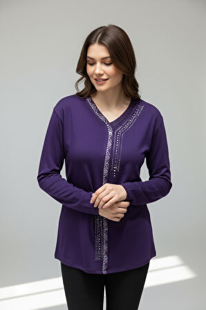 KADIN ÖNÜ KAPALI DÜĞME DETAYLI TAŞLI NERGİS MEVSİMLİK BLUZ