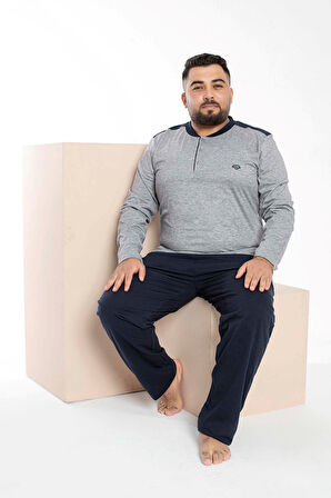 Erkek Büyük Beden 3 Düğmeli %100 Pamuk Cepli Mevsimlik Pijama Takımı