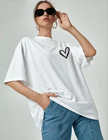 Nnstartshopping  Bisiklet Yaka Baskılı Oversize T-Shirt - Beyaz