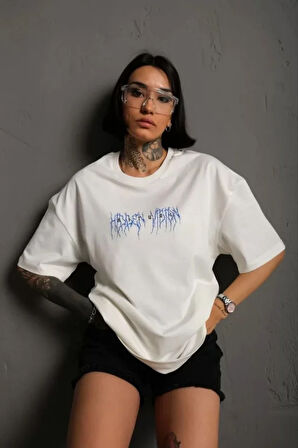 Nnstartshopping  Unisex Bisiklet Yaka Baskılı Oversize T-Shirt - Beyaz