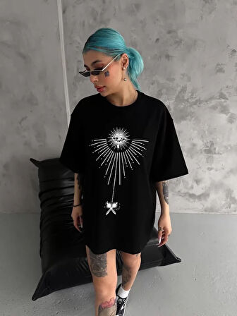 Nnstartshopping  Unisex Bisiklet Yaka Baskılı Oversize T-Shirt - Siyah