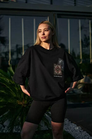 Nnstartshopping  Unisex Bisiklet Yaka Baskılı Oversize T-Shirt - Siyah