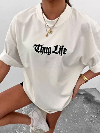 Nnstartshopping  Unisex Bisiklet Yaka Baskılı Oversize T-Shirt - Beyaz