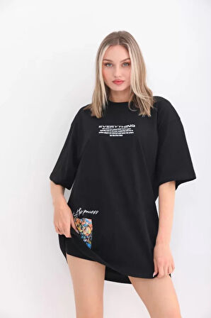 Nnstartshopping  Unisex Bisiklet Yaka Baskılı Oversize T-Shirt - Siyah