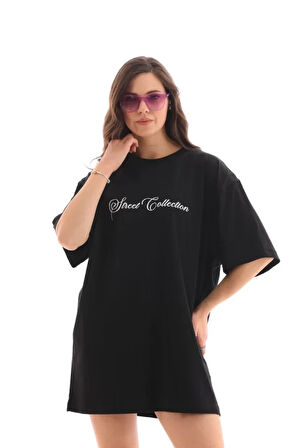 Nnstartshopping  Unisex Bisiklet Yaka Baskılı Oversize T-Shirt - Siyah