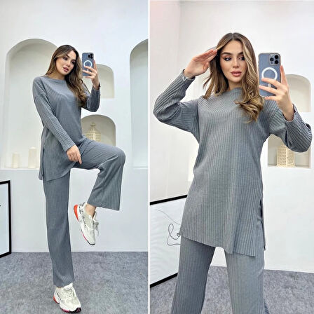 Nnstartshopping  Kadın Kaşkorse Kumaş Yırtmaç Detaylı Bluz Ve Pantolon Ikili Takım