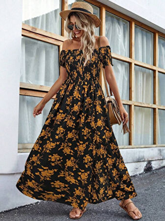 Nnstartshopping  Kadın Kısa Kollu Madonna Yaka Yırtmaçlı çiçek Desenli Süprem Elbise