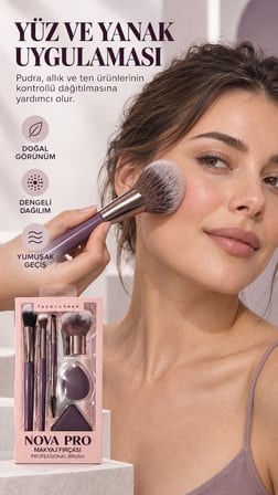 NOVA PRO Face + Cheek 6 Parça Profesyonel Makyaj Fırçası ve Sünger Seti – Lila
