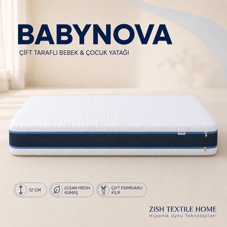 BABYNOVA Sünger Bebek ve Çocuk Yatağı | Çift Fermuarlı Yıkanabilir Kılıf | Beşik, Park Yatak | 12 cm