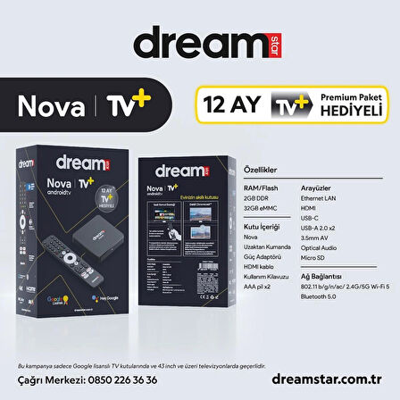 Dreamstar Nova | TV+ (12 Ay Premium Üyelik Hediyeli) 4K Lisansli Android TV Box | 2GB Ram | 32GB Hafıza