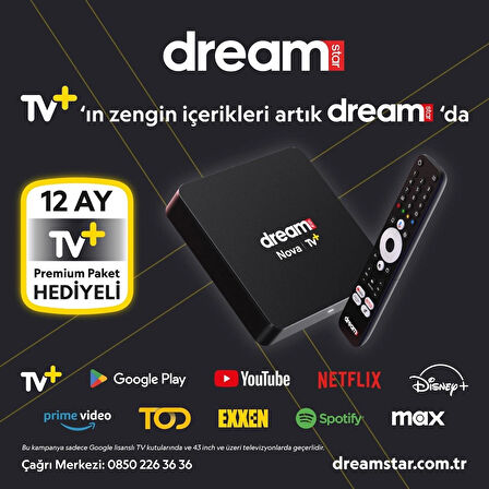 Dreamstar Nova | TV+ (12 Ay Premium Üyelik Hediyeli) 4K Lisansli Android TV Box | 2GB Ram | 32GB Hafıza