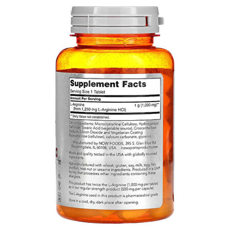 NOW Foods L-Arginine Nitric oxide Amino Acids 1,000 mg 60 Tablet