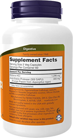 NOW Foods Betaine HCl 648 mg, Vegetarian Formula, Digestive Support*, 120 Veg Capsules