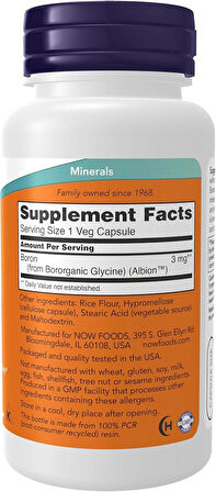 NOW Foods Boron 3 mg Bororganic Glycine Structural Bone Support 100 Veg Caps