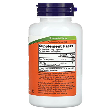 Now Gotu Kola Ayurvedic medicine wound healing abdominal discomfort and memory 450 mg 100 Caps