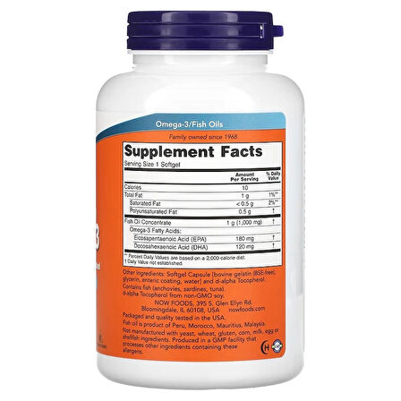 NOW Foods, Omega 3, 180 Eicosapentaenoic Acid (EPA) / 120 DHA, 180 Softgels