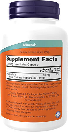 NOW Potassium(Potasyum) Citrate Electrolyte Balance and Normal pH Essential Mineral 180 veg Caps