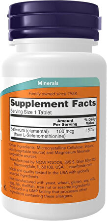 NOW Selenium(Selenyum) (L-Selenomethionine) 100 mcg, Essential Mineral*, 100 Tablets