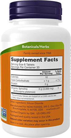 NOW Organic Spirulina 500 mg with Vitamins Minerals and GLA Gamma-Linolenic Acid 200 Tablet