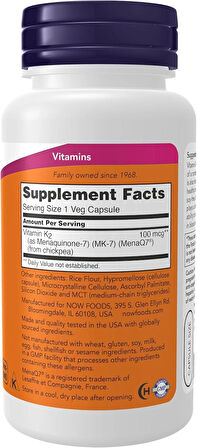 NOW Foods MK-7 Vitamin K-2 100 mcg Cardiovascular Support Supports Bone Health 120 Veg