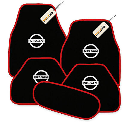Siyah Kırmızı Renk Nissan Logolu Araca Özel Halı Paspas Seti – 5 Parça, Kaymaz, Dayanıklı, Kolay Temizlik